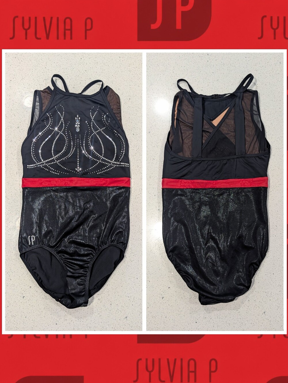 GORGEOUS Sylvia P gymnastics dance Leotard AS Small Black Red MESH Rhinestones